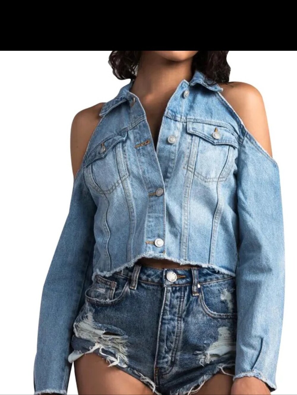 Twelve By Ontwelfth Cold-Shoulder Light Blue Denim Crop Jacket Shirt S